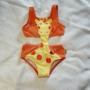 Toddler Giraffe Print Le Top Swimsuit Set - Orange and Yellow Stripes Size 18mos